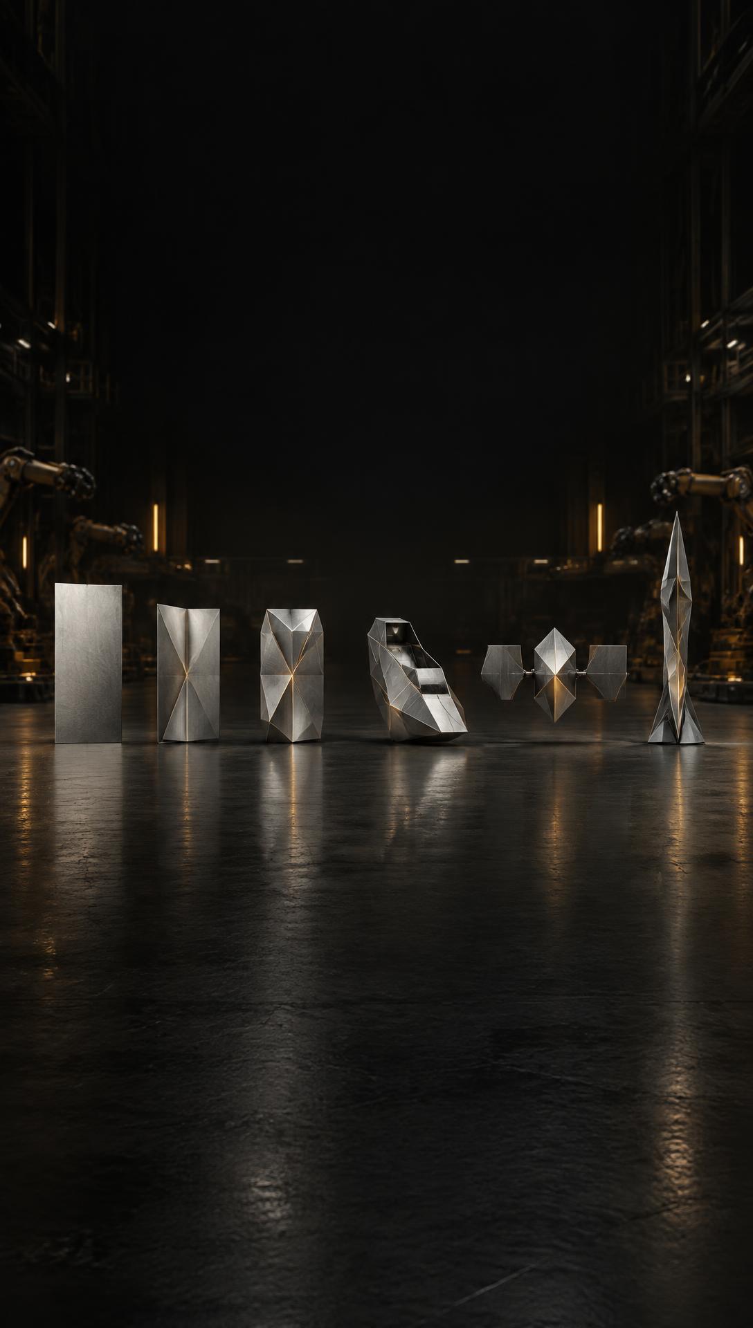 A flat titanium sheet transforming into folded aerospace shells, a monocoque body, an orbital system, and a deployable space structure