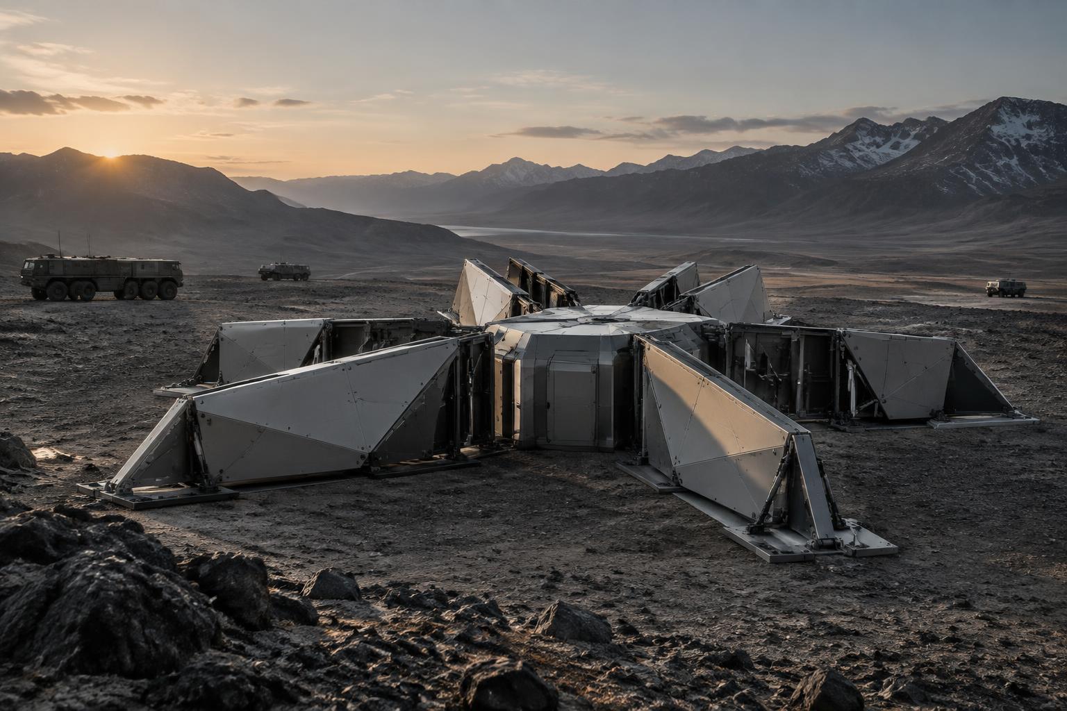 Rigid folded metal field system deployed in a remote landscape